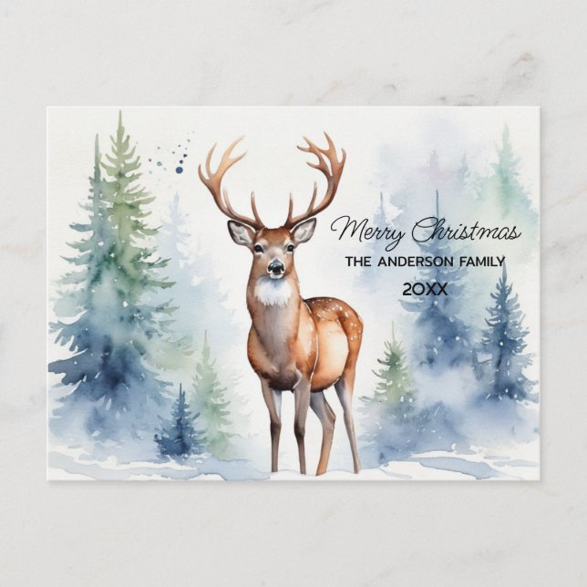 Deer In Snowy Forest Christmas Trees Watercolor    Postcard (Front)
