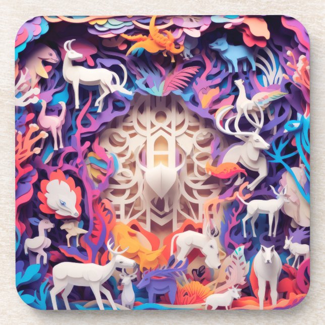 Deer in the Forest. Paper Cut Diorama Coaster (Front)