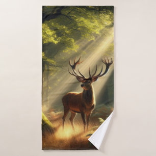 Deer in the morning forest bath towel