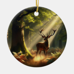 Deer in the morning forest ceramic ornament