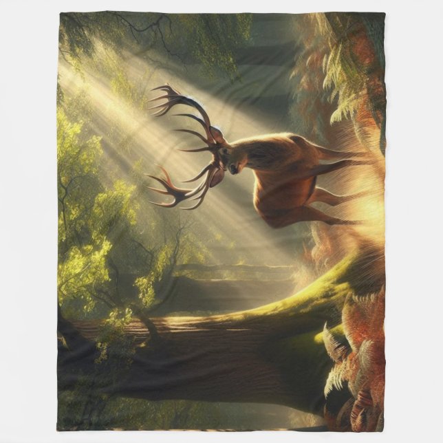 Deer in the morning forest fleece blanket (Front)