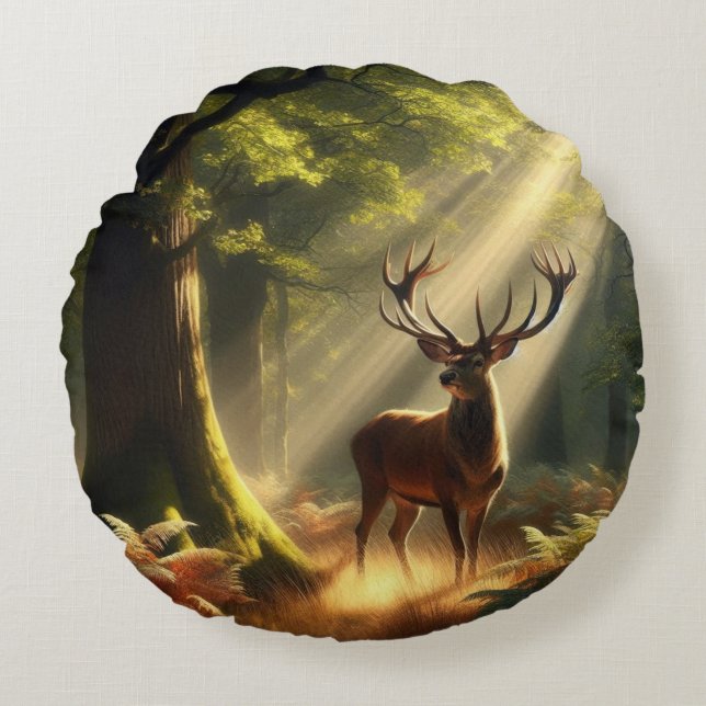 Deer in the morning forest round cushion (Front)