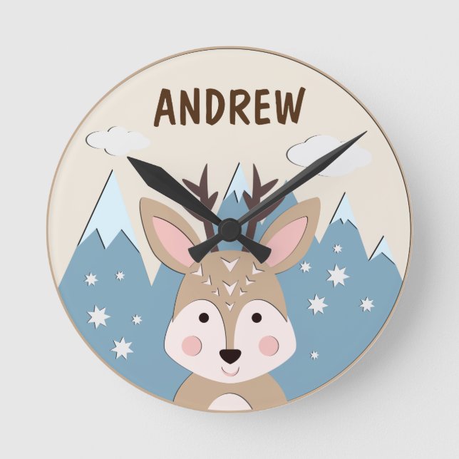 Deer In The Mountains Personalised Nursery Round Clock (Front)