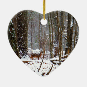 Deer in the snow fall ceramic ornament