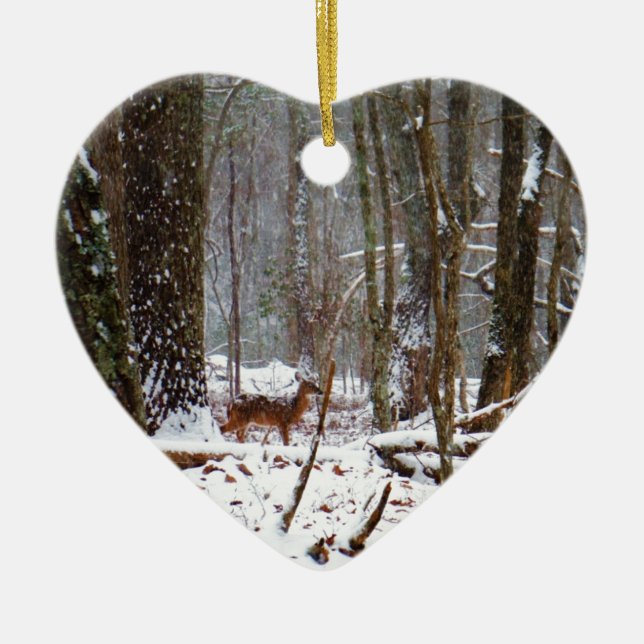 Deer in the snow fall ceramic ornament (Front)