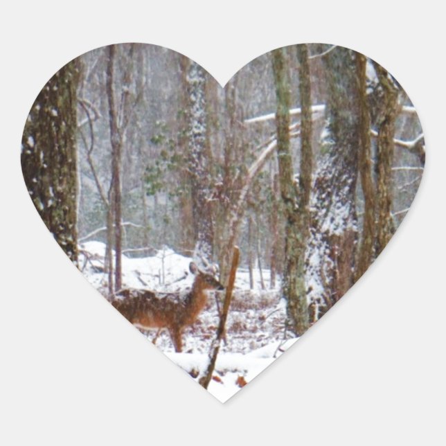 Deer in the snow fall heart sticker (Front)