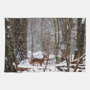 Deer in the snow fall tea towel