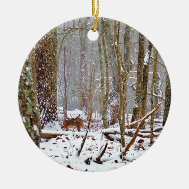 Deer in the snow, licking leg ceramic ornament (Front)