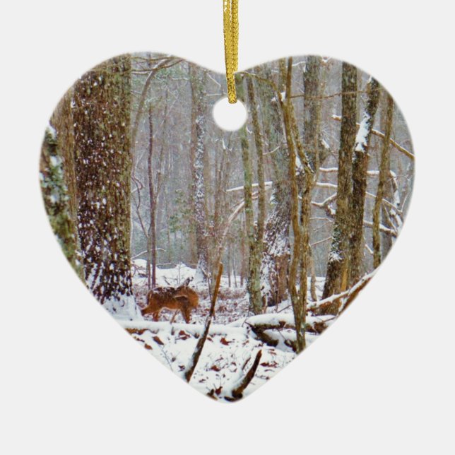 Deer in the snow, licking leg ceramic tree decoration (Front)