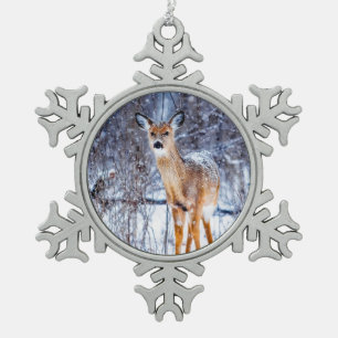Deer in the Snow, Snowflake Pewter Christmas Ornament