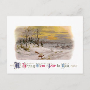 Deer in the Snow Vintage New Year Holiday Postcard