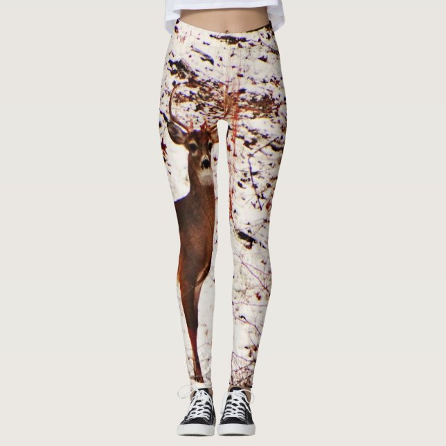 Deer in the snow woods Camo Camouflage . Leggings (Front)