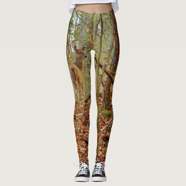 Deer in the wood. Camo Camouflage stretch pants. Leggings (Front)