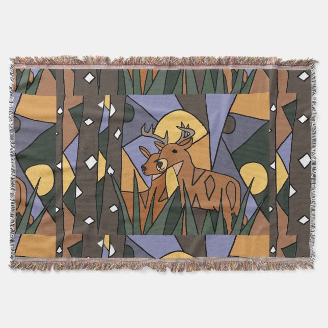 Deer in the Woods Art Abstract Throw Blanket (Front)