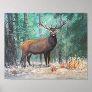 Deer in the Woods Oil Painting. Snowy Forest Scene Poster