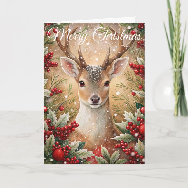 Deer in Winter Christmas Holiday Card (Front)