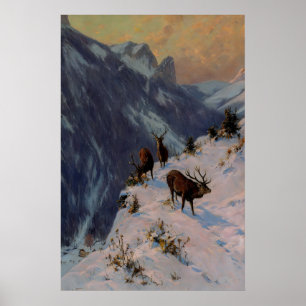 Deer in Winter Mountains Dark Academia, Vintage Poster