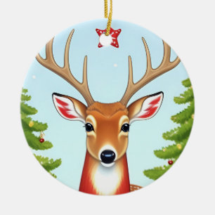 Deer in Winter Wonderland Scene Ceramic Ornament