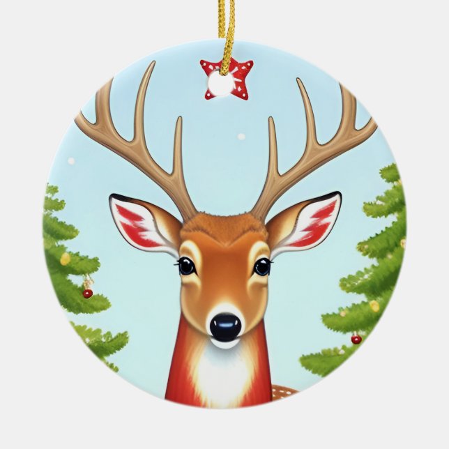 Deer in Winter Wonderland Scene Ceramic Ornament (Front)