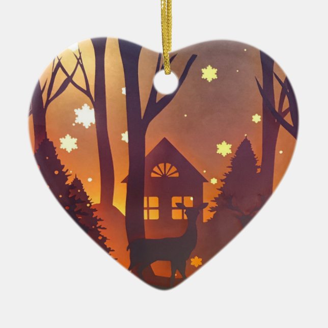 Deer in winter wood night time scene ceramic ornament (Front)