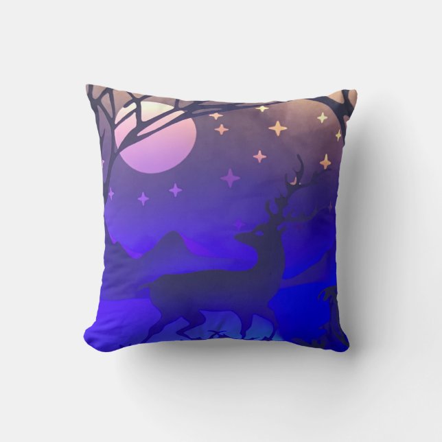 Deer in winter wood night time scene cushion (Front)