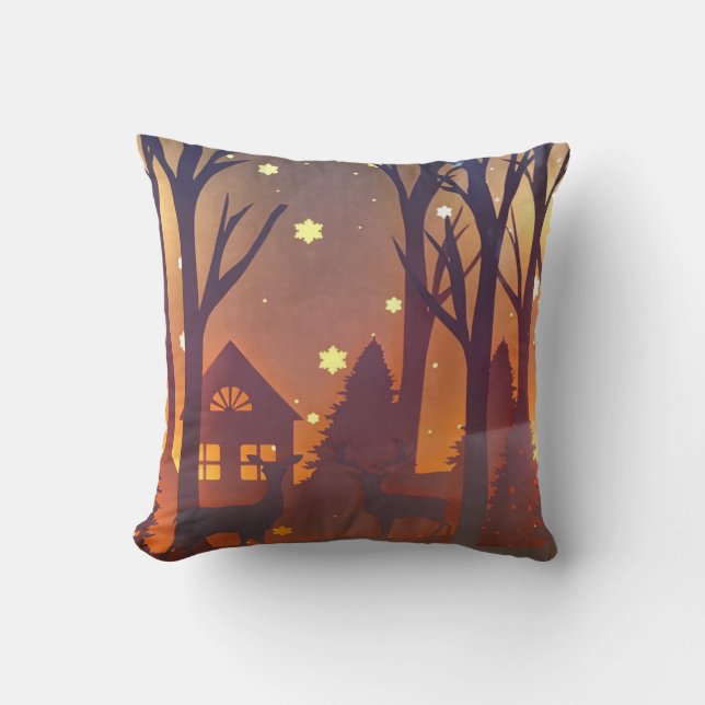 Deer in winter wood night time scene cushion (Front)