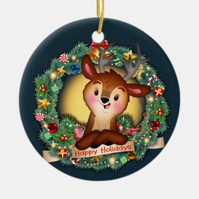 deer in wreath ceramic ornament (Front)