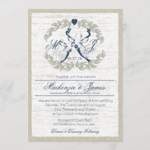 Deer in Wreath with Monogram Navy Blue Invitation