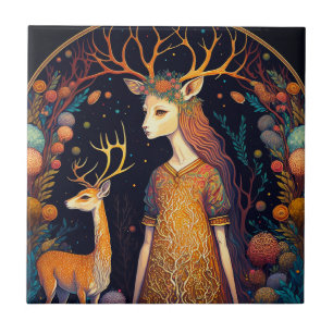 Deer Lady Fantasy Art Ceramic Tile
