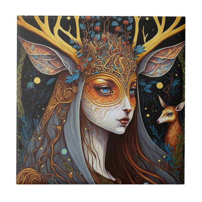 Deer Lady Fantasy Art Ceramic Tile (Front)