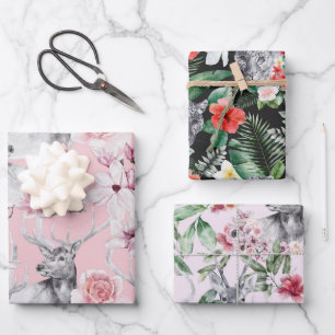 Deer leopard grey pink black peonies floral wrapping paper sheet