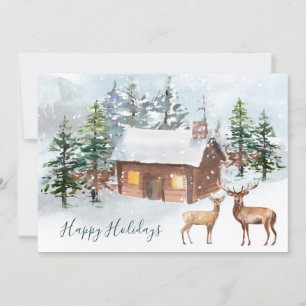 Deer, log cabin Christmas Party Flat Greeting Card