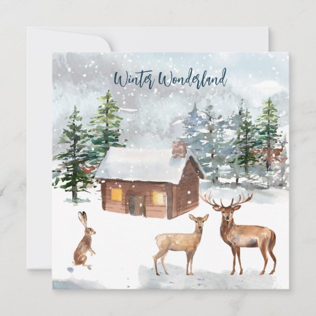 Deer, log cabin, hare Christmas Party Flat Card (Front)