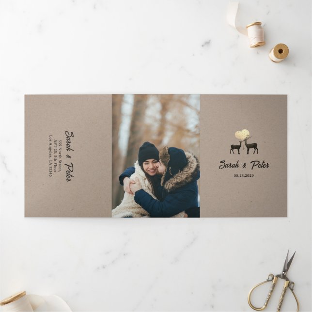 Deer Love Rustic Fall Winter QR Code Wedding Tri-Fold Invitation (Outside)