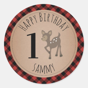 Deer Lumberjack Plaid Birthday Classic Round Sticker