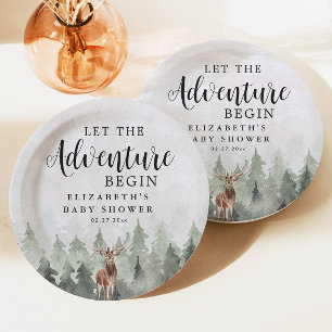 Deer Misty Pine Forest Adventure Baby Shower Paper Plate