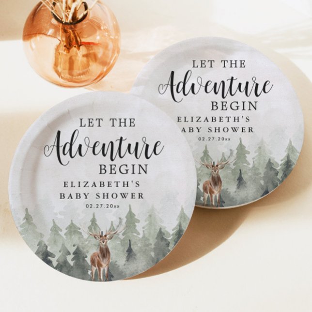 Deer Misty Pine Forest Adventure Baby Shower Paper Plate (Creator Uploaded)