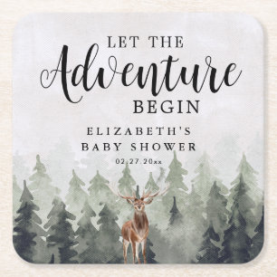 Deer Misty Pine Forest Adventure Baby Shower Square Paper Coaster