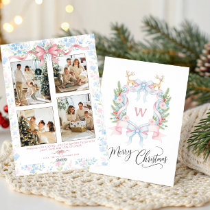 Deer Monogram Crest Pink Blue Bow Merry Christmas Holiday Card