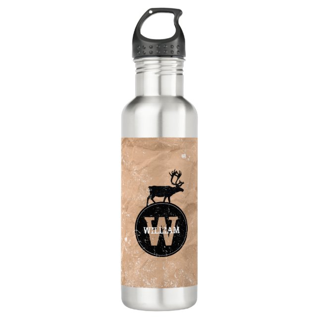 Deer Monogram Distressed Rustic Brown Kraft Paper  710 Ml Water Bottle (Front)