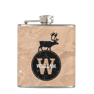 Deer Monogram Distressed Rustic Brown Kraft Paper Hip Flask