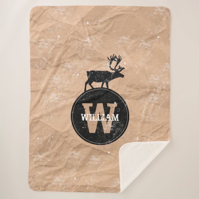 Deer Monogram Distressed Rustic Brown Kraft Paper Sherpa Blanket (Front)