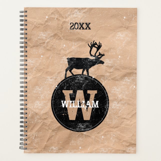 Deer Monogram Distressed Rustic Brown Kraft Planner (Front)