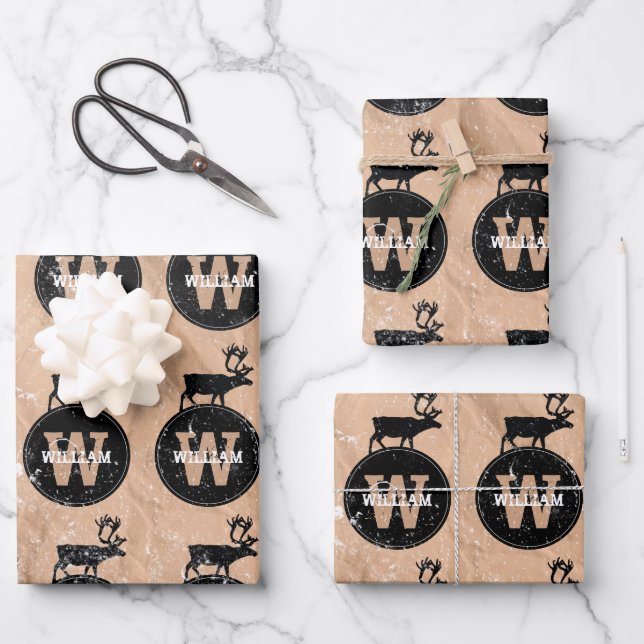 Deer Monogram Distressed Rustic Brown Kraft  Wrapping Paper Sheet (Front)