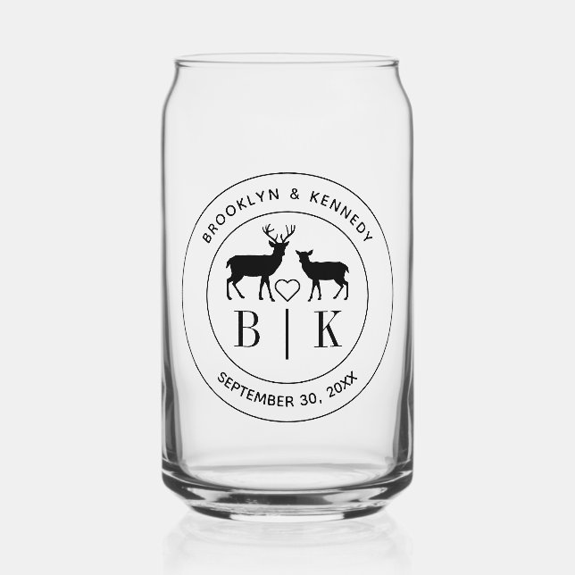 Deer Monogram Rustic Country Wedding Couple Name Can Glass (Front)