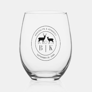 Deer Monogram Rustic Country Wedding Couple Name Stemless Wine Glass