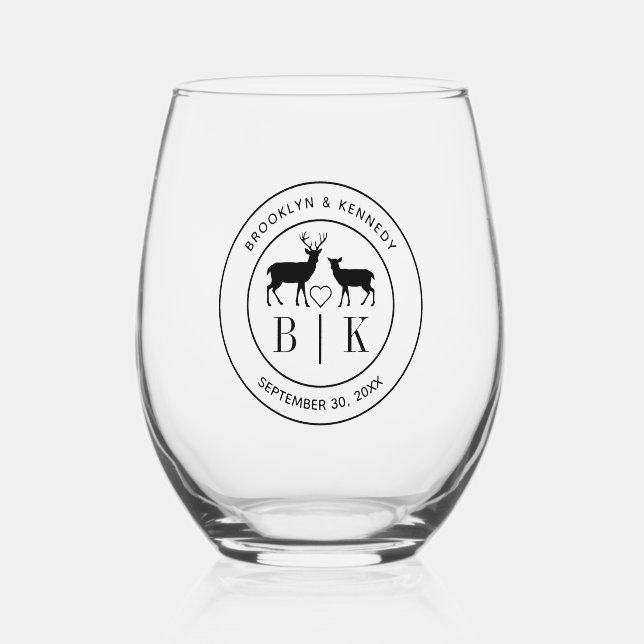 Deer Monogram Rustic Country Wedding Couple Name Stemless Wine Glass (Front)