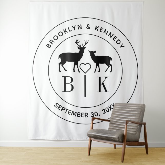 Deer Monogram Rustic Country Wedding Couple Name Tapestry (In Situ)