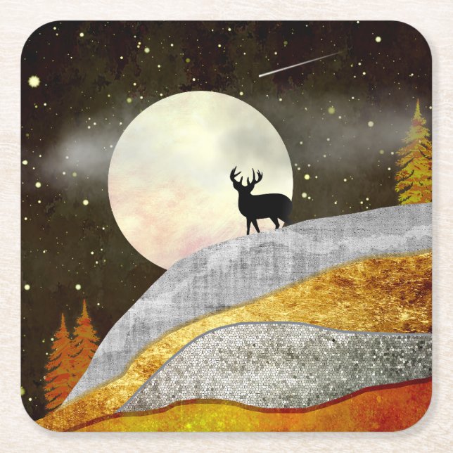 Deer Moon Landscape Square Paper Coaster (Front)
