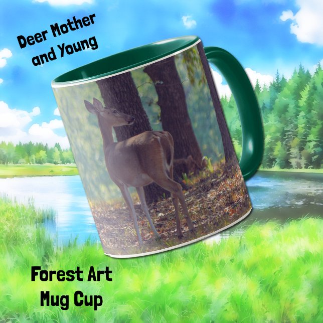 Deer Mother and Young Forest Art Mug Cup (A pretty mama deer in a forest with her baby on the other side and in an artsy style on a mug.)